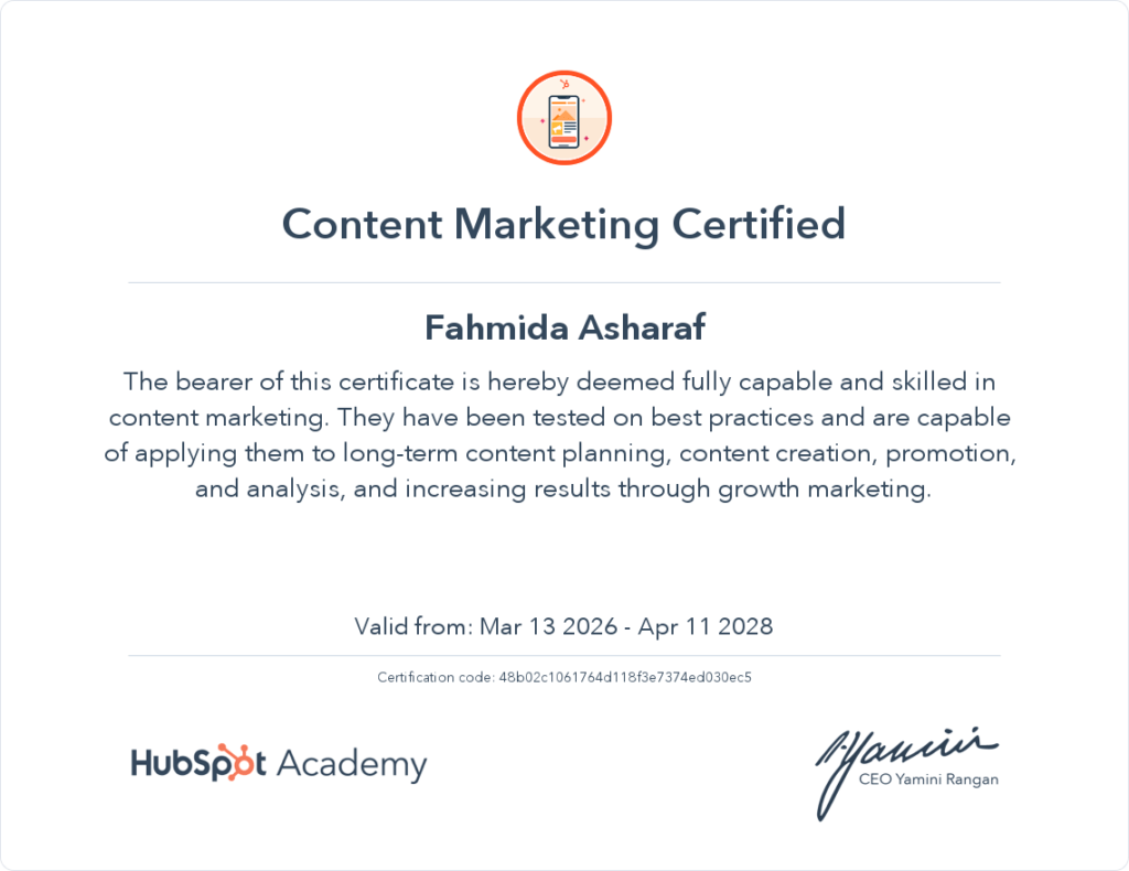 Fahmida Asharaf Content Marketing Certicate